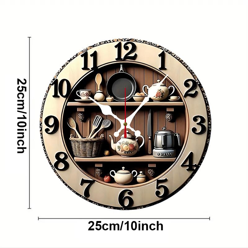 

2D Kitchen Utensils Wooden Round Silent Hanging Wall Clock,Suitable For Living Room,Office,Study Room,Bedroom,Home Decoration 10 inch