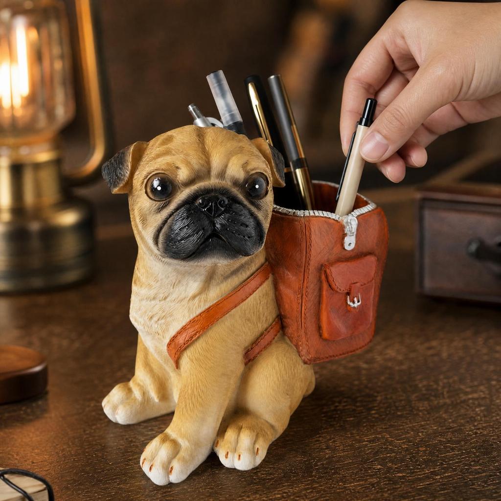 PugShaped Pen Holder Decorative Pug Desk Organizer with Front Pocket Playful Canine Sculpture