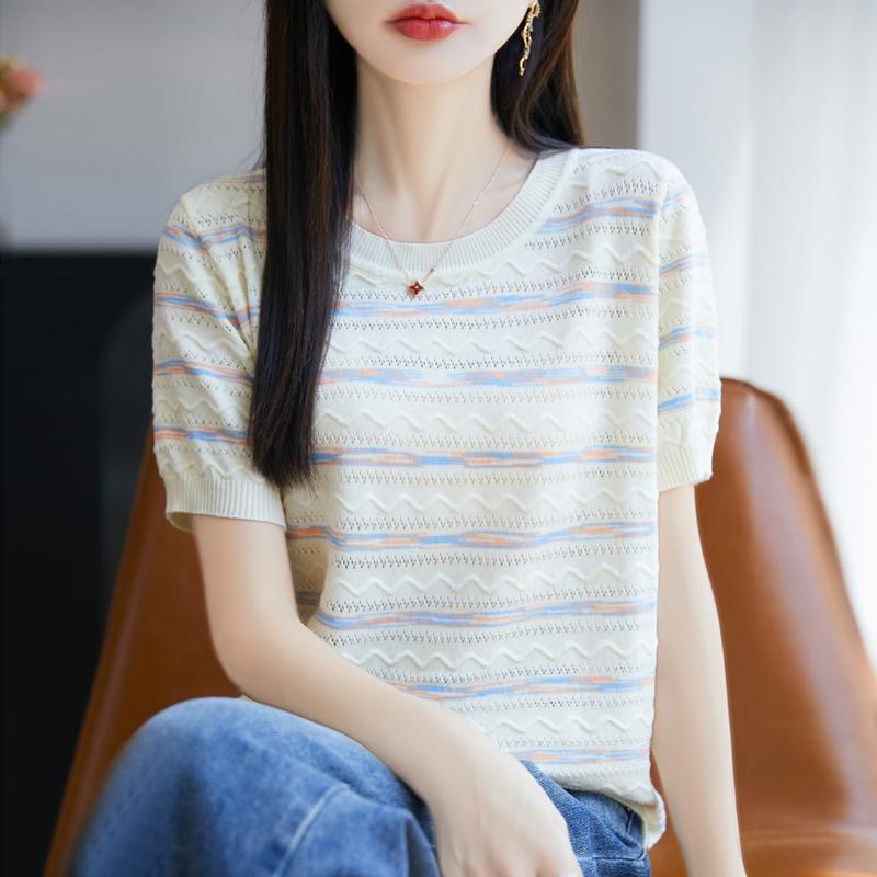 Women Knit T-shirt Summer Knitted Shirt Short Sleeve Tees O-neck Pullover Knit Tops Female