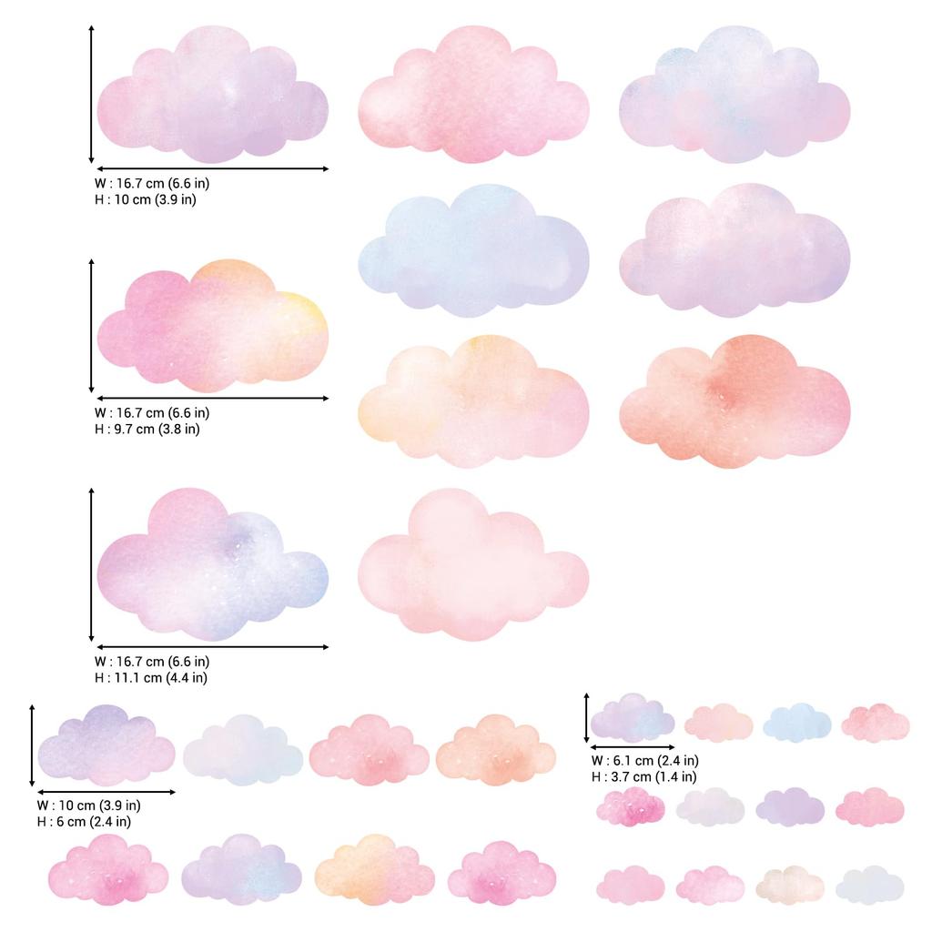 DECOWALL Pastel Cloud Wall Stickers for Watercolor Peel and Baby x cm Kids' Rooms, Style, Stick, Reusable, Room/Playroom/Kids Room, 64.8 55.7