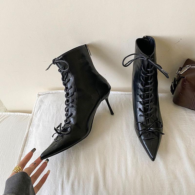 

Fashion Fashion Lace Up Ladies Ankle Modern Boots Thin Heels Shoes Pointed Toe Elegant Women Short Boots Female Pumps Shoes 35