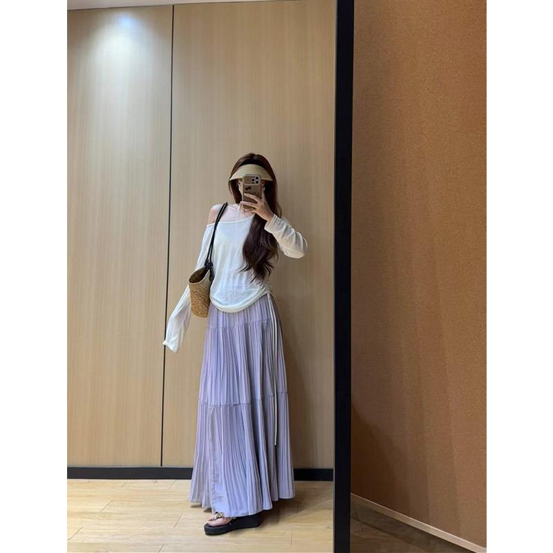 Women Spring and Summer Trend High Waist Pleated Long Skirt Casual Elegant Solid A-line Big Swing Skirt Girl Half Fairy Skirt