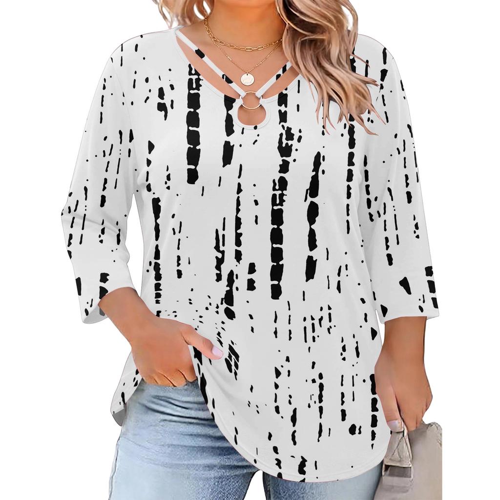 Women's Plus Size Floral Print 3/4 Sleeve Casual Top, Fashionable Loose Fit Blouse for Everyday Wear and ,
