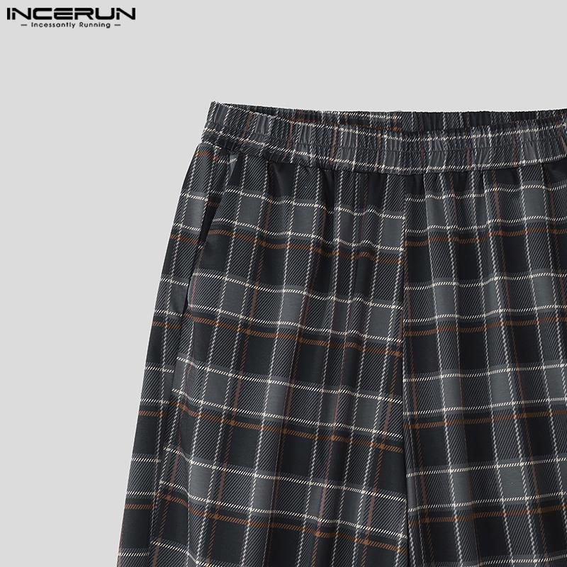 INCERUN Men Casual Loose Elastic Waist Plaid Print Wide Legs Pants Long Trousers