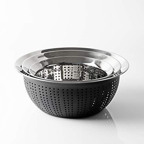Pearl Metal Punching Bowl and Strainer, Limited Edition, Black, 15cm / 18cm / 21cm, Stainless Steel, 3-Piece Set, BLKP, Black, AZ-5036
