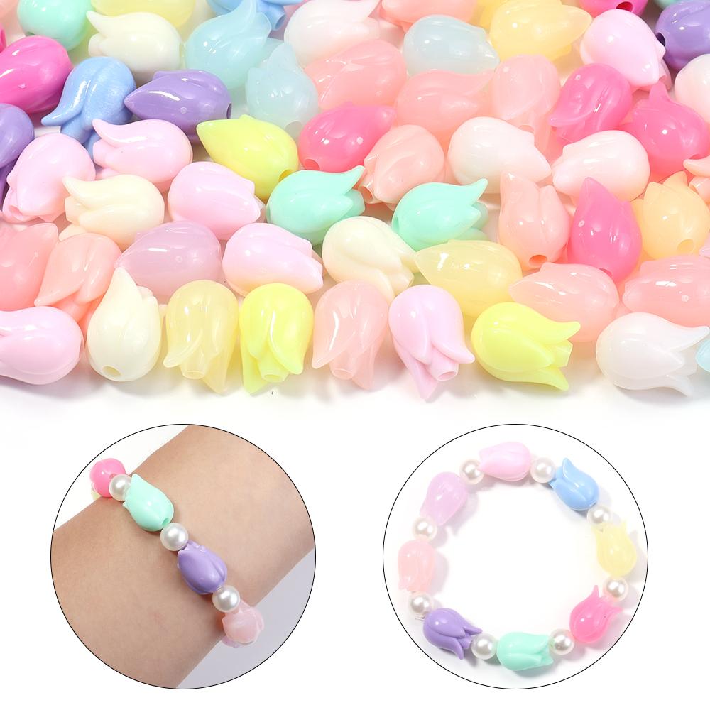 50pcs/lot Tulip Flower Bud Leaf Loose Beads Mix Color Flower Acrylic Beads For Jewelry Making DIY Bracelet Nacklace Accessories