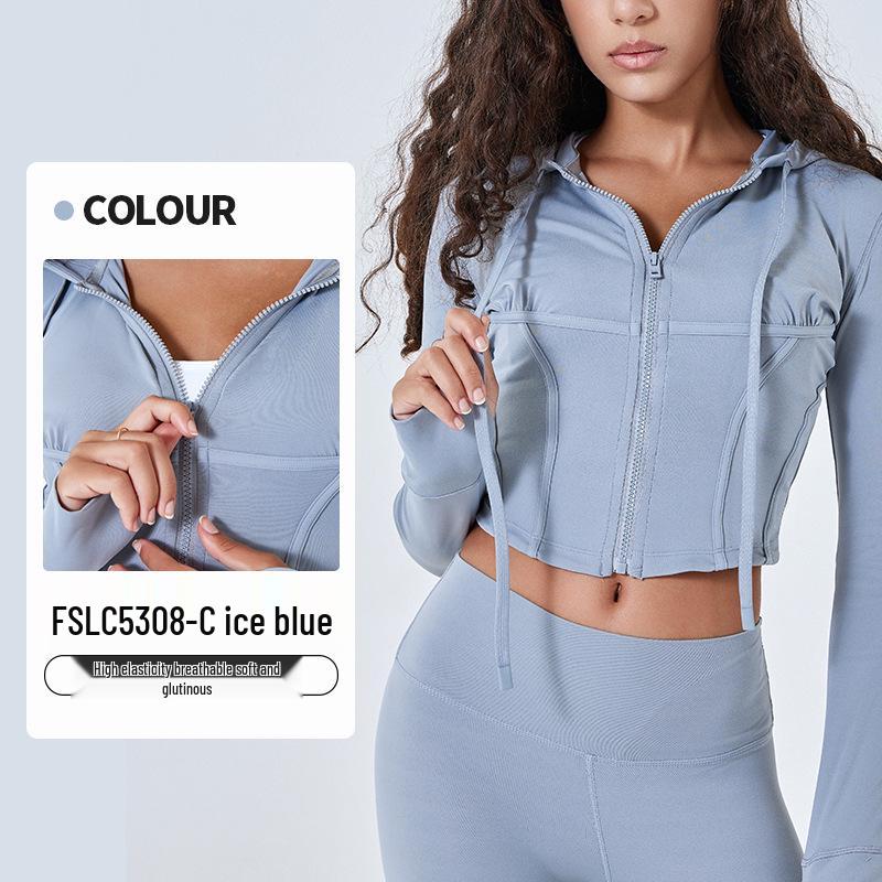 

Женский облегающий костюм для йоги с капюшоном, кулиской и молнией - Высокоэластичный топ с длинным рукавом для весны/лета S
