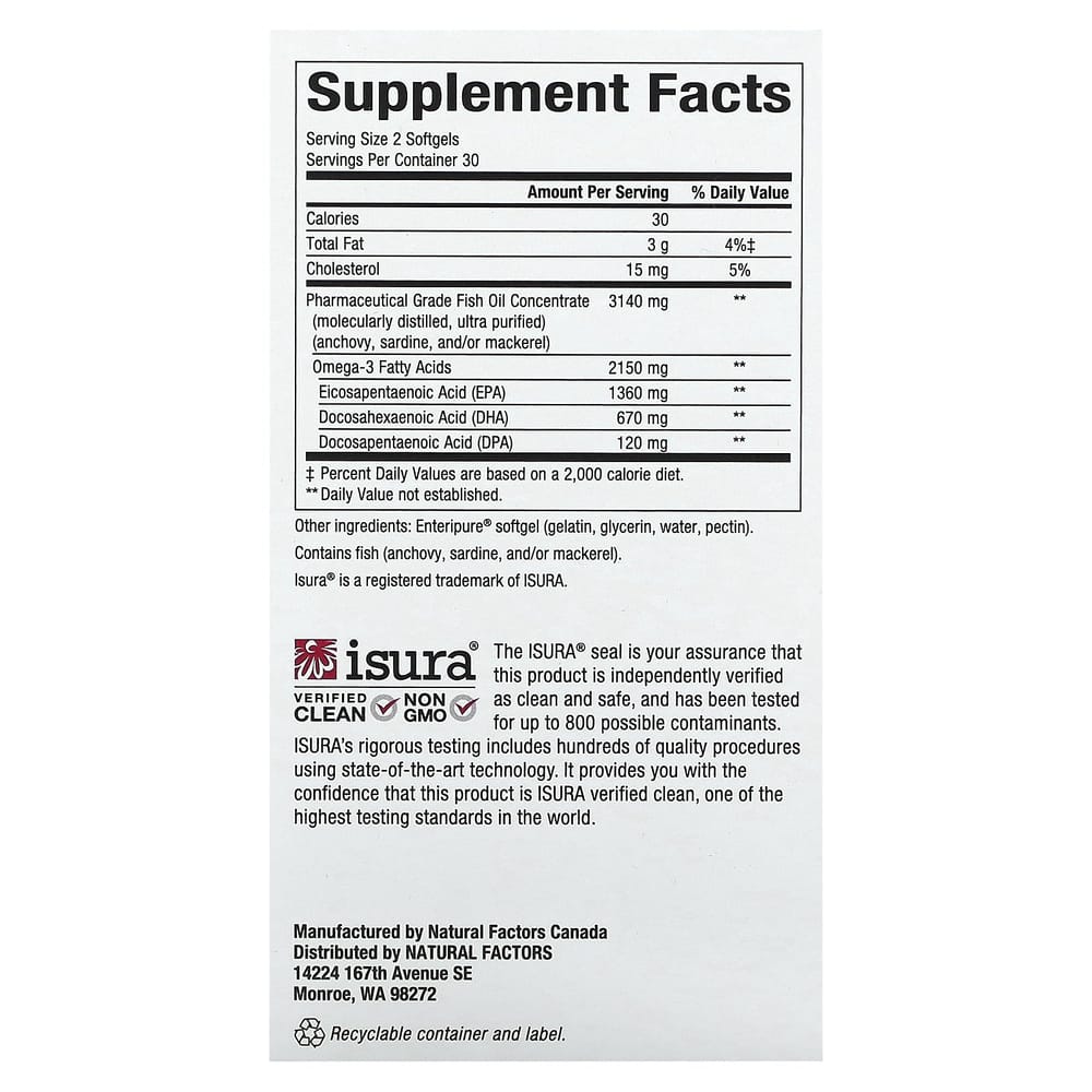 Natural Factors RxOmega-3 Ultra Strength 2150mg Softgels, 60 Count (1075mg per Softgel)
