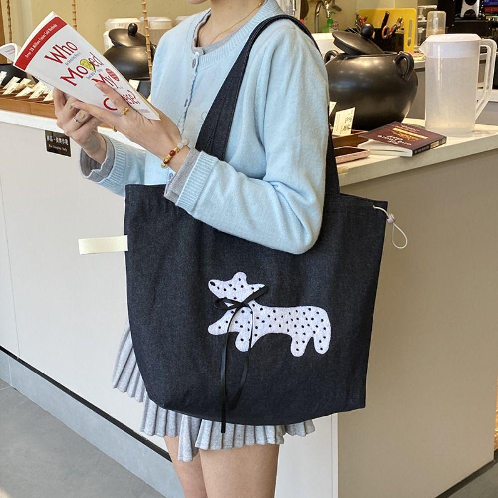 Puppy Embroidery Drawstring Shoulder Bag Bow Spotted Women's Handbag Casual Canvas Tote Bag  Beach