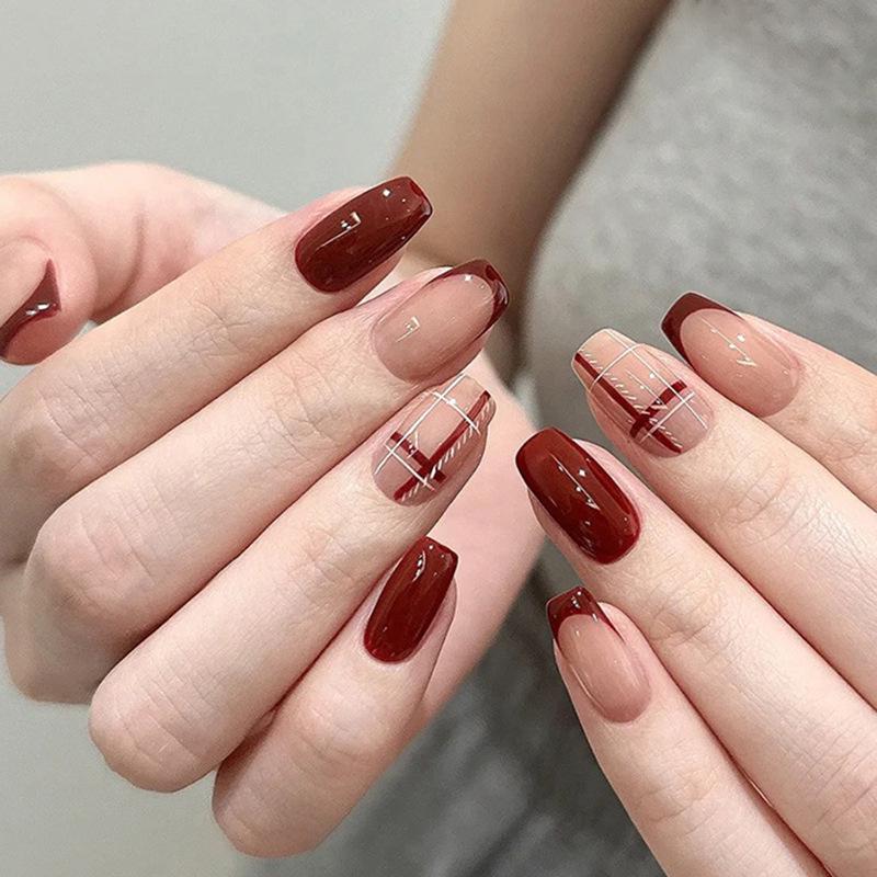 

Deep Red Striped French Medium-Long Rectangle Bridal & Holiday False Nails
