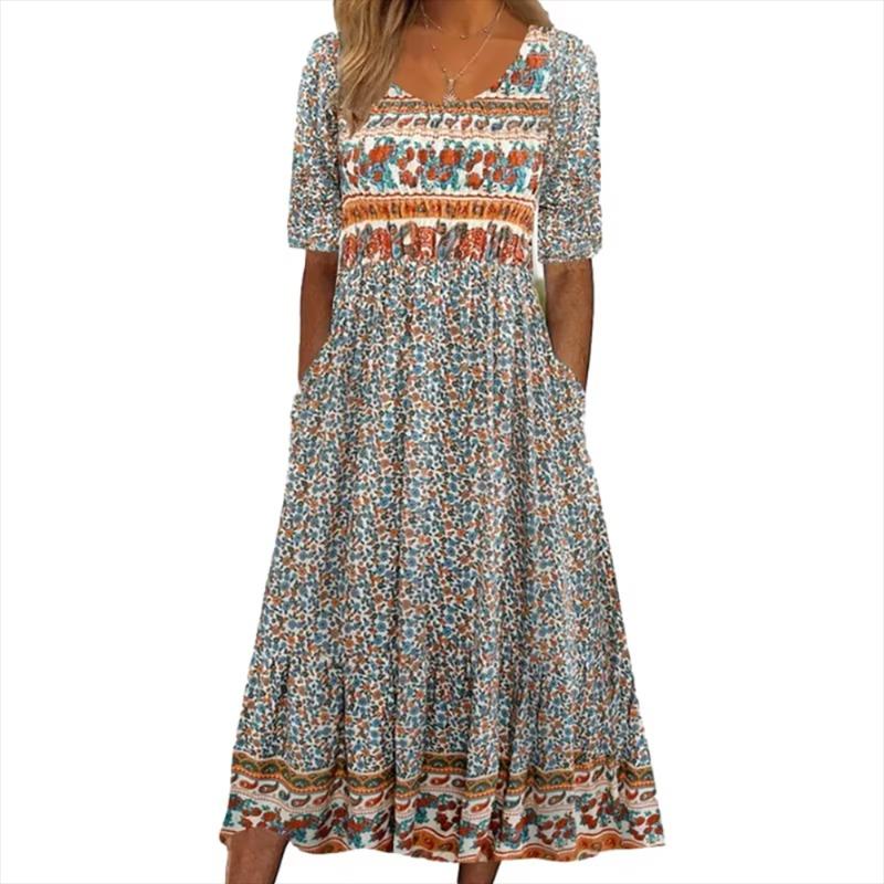 2026 Verano Europa y Estados Unidos nuevo vestido de mujer con cuello redondo, manga corta, falda larga, estampado bohemio para mujer