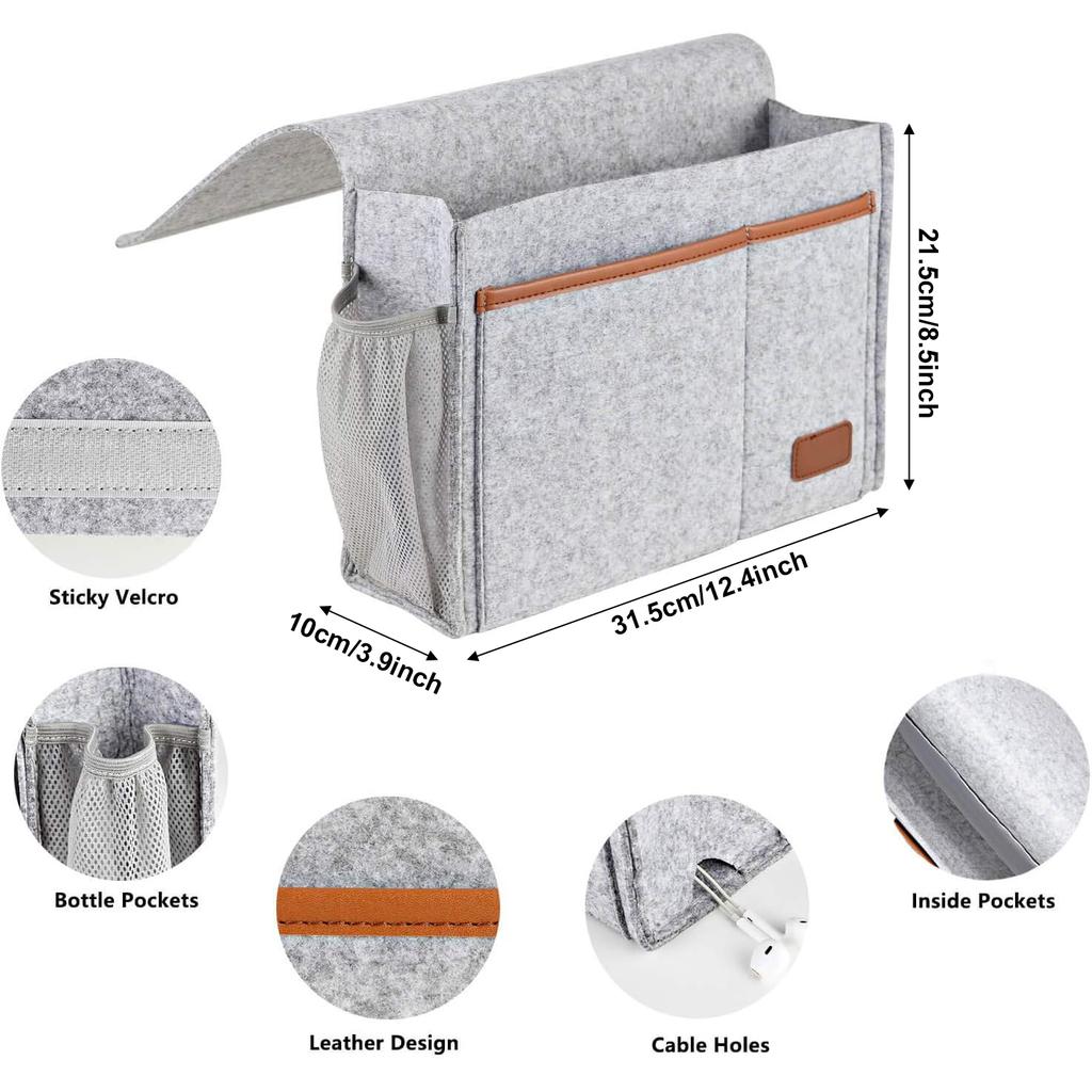 Felt Bed Storage Organizer Hanging Bag with 5 Pockets, Tablet iPad Cables Remote and Water Bottle Holder for Home Dorm Bed Sofa