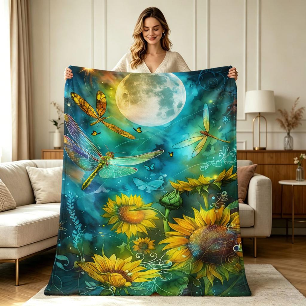All Season Flannel Fleece Throw Blanket with Moon Dragonfly Sunflower Night Sky Print Soft Cozy Warm Decorative Blanket for Sofa Couch Bedroom Living