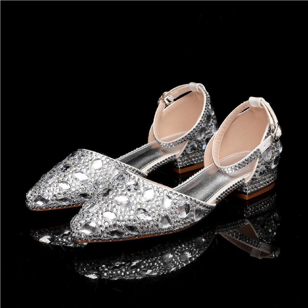 Fashion 2.5cm New Flat Heel Casual Pointed Hollow Sandals with Low Heel Shallow Mouth Water Diamond Bridal Shoes for Women Luxury 35-43