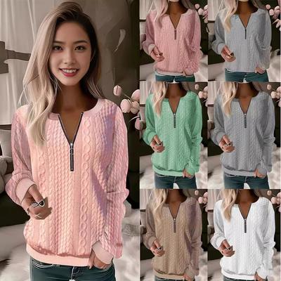 Women's V-Neck Zip Up Long Sleeve Top Fall Winter Solid Color Casual Basic Tee