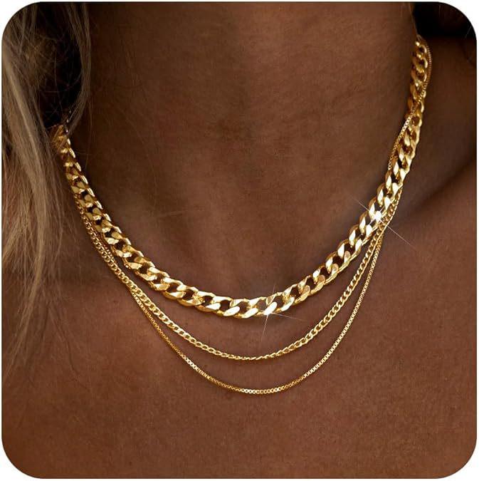Ensemble de Colliers Ras du Cou Multicouches Plaqué Or pour Femmes - 3 Pièces Chaînes Minimalistes Cubaines et Trombone