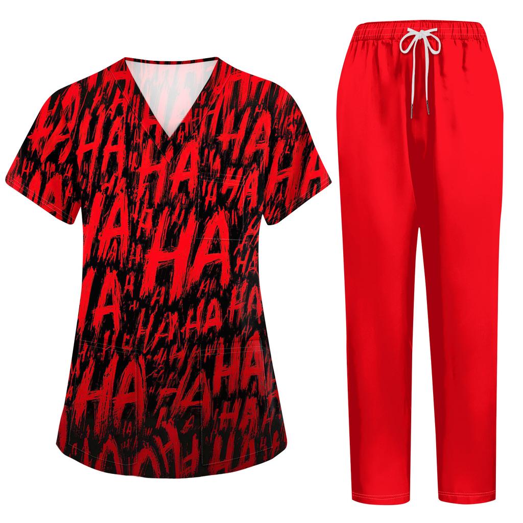 Women's Halloween Print Scrub Set - Short Sleeve Top and Pants with Pockets for Work