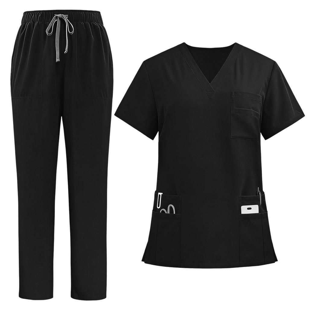 Damen V-Ausschnitt Kurzarm Kasack-Uniform Set mit Oberteil und Hose