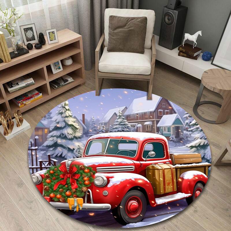 Boho Red Vintage Truck Christmas Wreath Snow Cozy Rug, Classic Red Artistic Flair, Nice Choice for Bedroom Floor and Closet Area with Cool