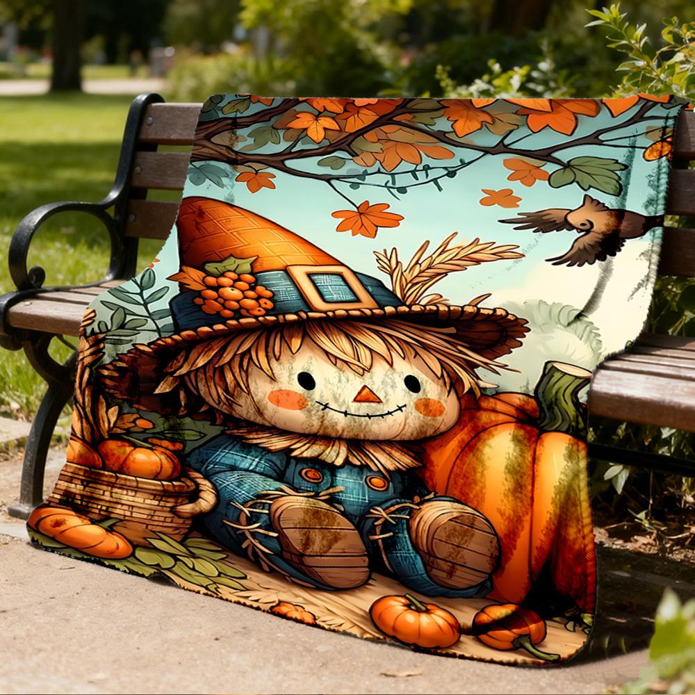 1pc Scarecrow, Pumpkin Throw Blanket Polyester Fiber, Lightweight Flannel, Soft & Warm, All Season Use for Outdoor, Camping Digital Print