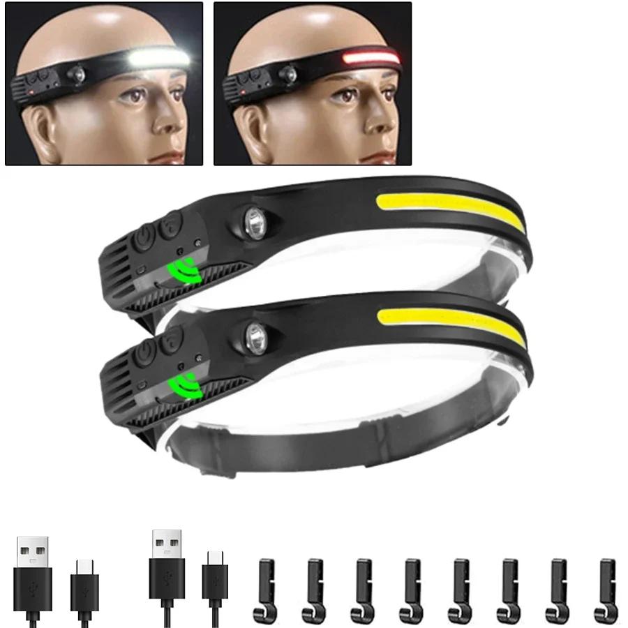 New Induction COB LED Headlamp USB Rechargeable Use 18650 Battery Headliaght Torch 8 Lighting Modes Outdoor Working Lantern