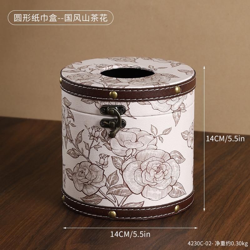 Chinese Style Guofeng Tissue Box Circular Leather Drawer Box Light Luxury Style Napkin Box Suitable for Home Living Room Bedroom