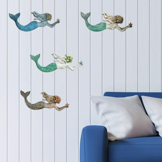 4 Pcs Wooden Mermaid Beach Wall Decor Rustic Nautical Swimming Mermaid