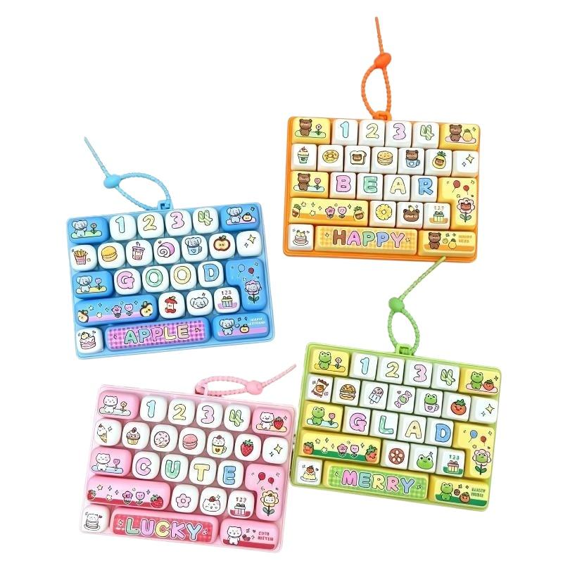 Mini Fidget Keyboard Keychain Cartoon 26 Fun Pattern Buttons Portable Lanyard Stress Relief Toy for Travel Bag Decoration