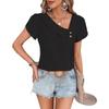 New Chic Womens Asymmetrical Neck Puff Sleeve Blouse Casual Button Detail Short Sleeve Top Elegant Loose Fit Summer Shirt for Work  Everyday Wear