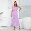 Women Slim High Waist Wide Leg Jumpsuit Sleeveless Ruffle V Neck Pleated Pants