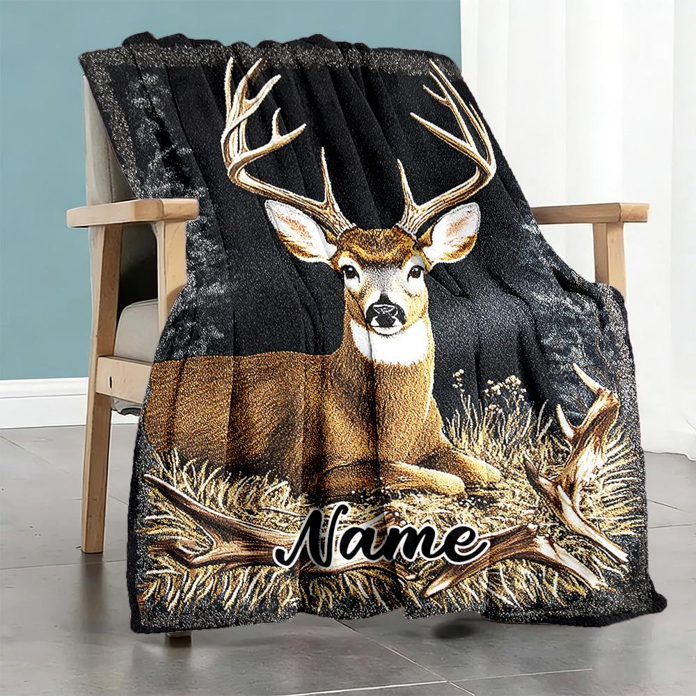 Deer Personalized Name Blanket Multi-purpose Customizable Blanket Comfortable for Livingroom Office Chair Nap Sofa Four Seasons Universal