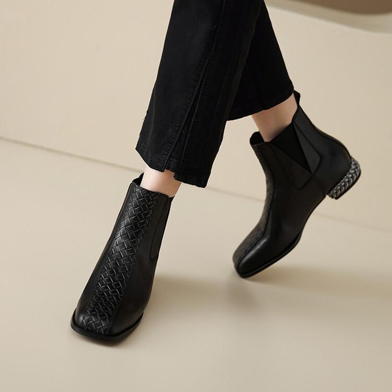 Fashion NEW Autumn/Winter Women Boots Square Toe Chunky Heel Shoes Split Leather Shoes for Women Slip-on Ankle Boots Black Modern Boots