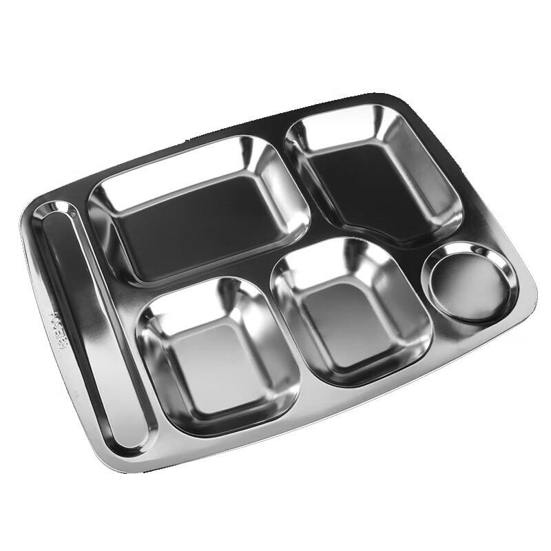 LuFengLai 304 Stainless Steel 6-Compartment Meal Tray Set with Bowl, Chopsticks, Spoon (5 Sets)