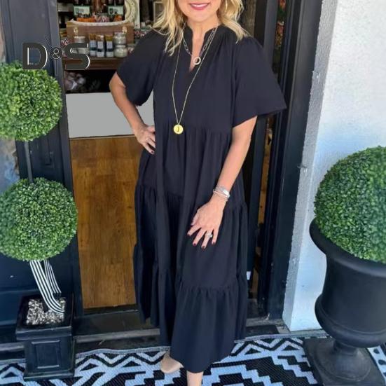 Women's V-Neck Midi Dress Summer Casual Short Sleeve Maxi Dress Flowy Tiered Boho Beach Sundress for Vacation