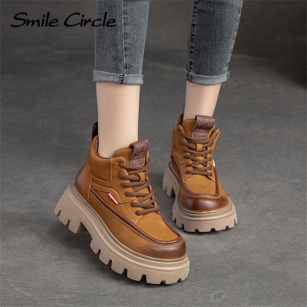 Natural Leather Chunky Women's Ankle Boots High Top Thick Bottom Boots Lace Up Casual Women's Motorcycle Boots
