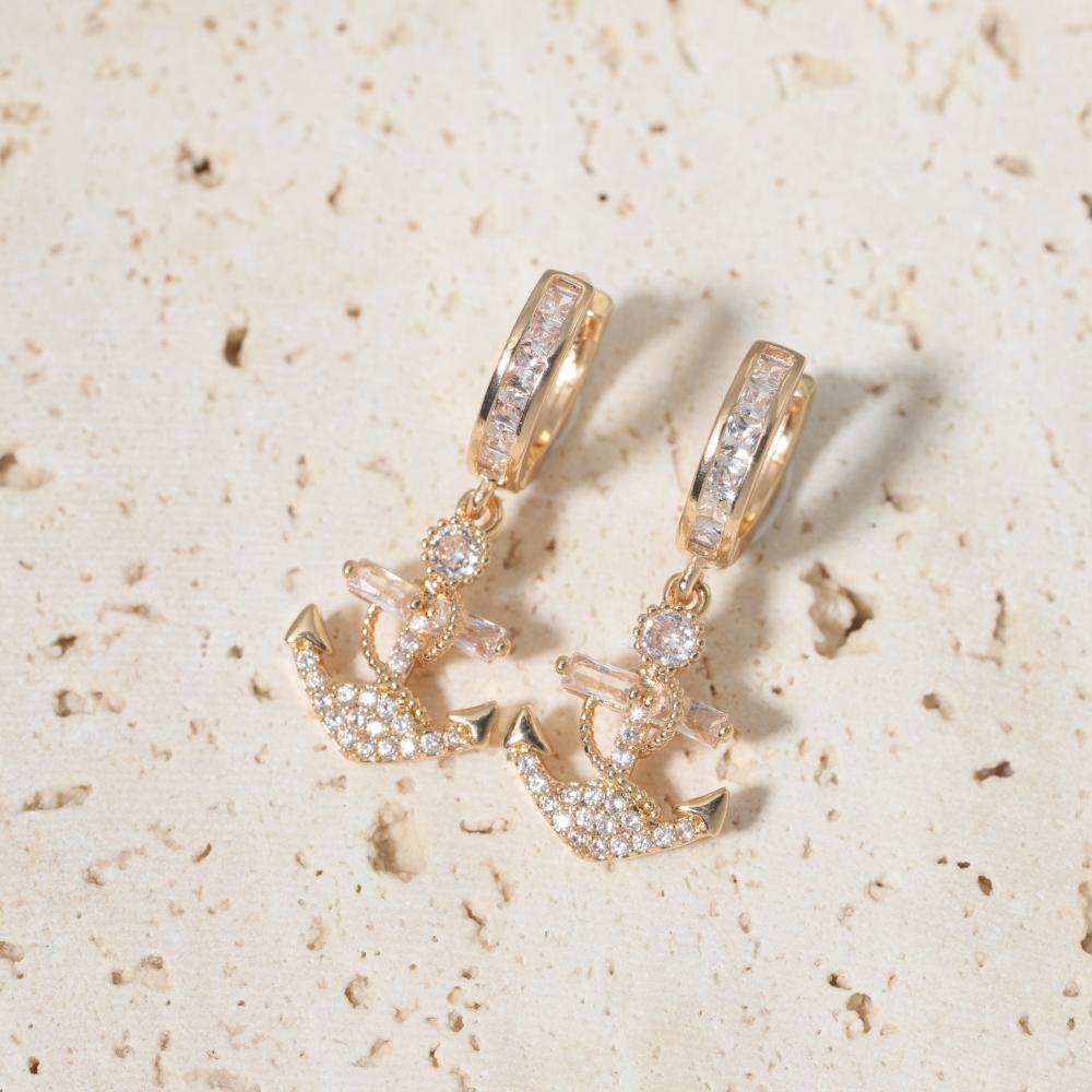 1 Pair Fashion Anchor Zirconia Dangle Earrings for Women Golden Earring Jewelry Party Accessories