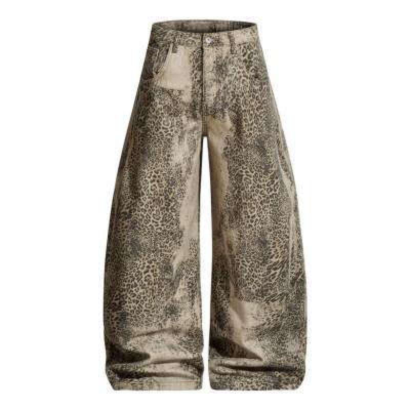 Jeans Anchos de Pierna con Estampado de Leopardo Desgastado para Hombre - Pantalones Cargo Rectos Oversize Streetwear