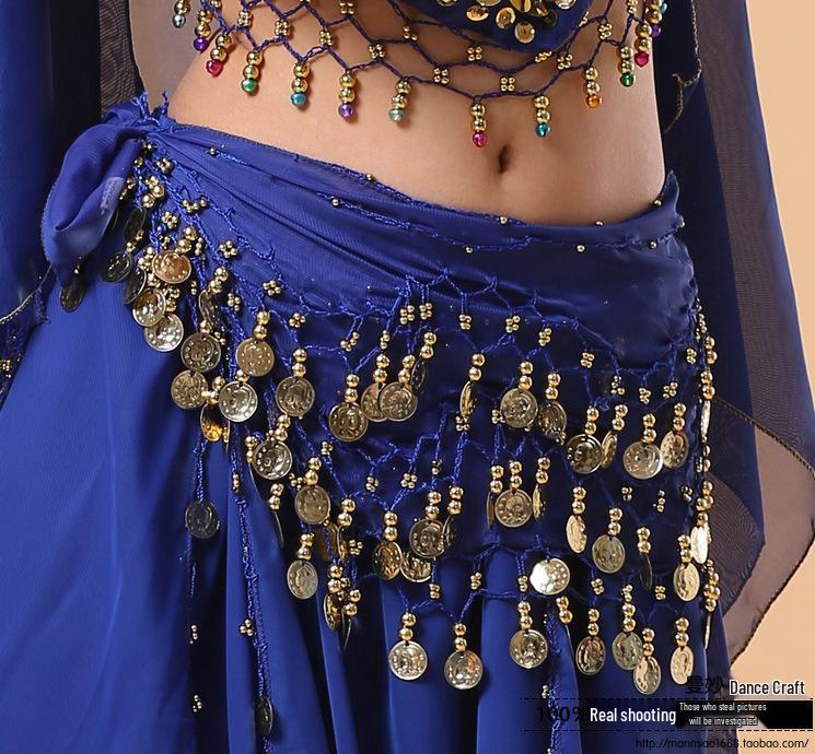 Chiffon Belly Dance Waist Chain Belt with 128 Coins for Yoga and Indian Dance Practice