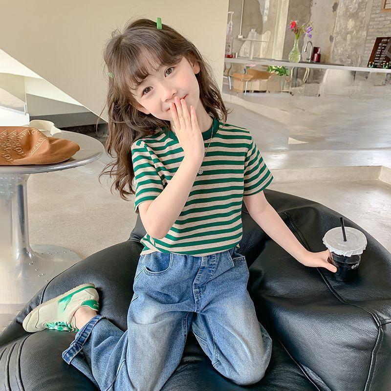 Girls' Short Sleeved T-shirt Striped Summer Children's Korean Summer Outfit Half Sleeved Girls' Thin Top T-shirt