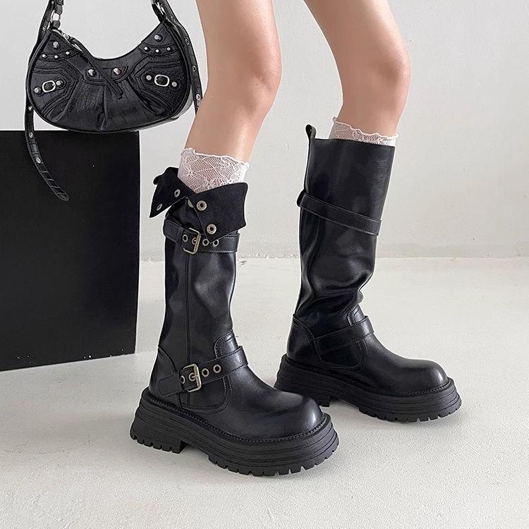 Women's Long Boots Fashion Two Wear British Style Belt Buckle Women Shoes Square Heel Round Toe Pleated Boots Large Size 39 40