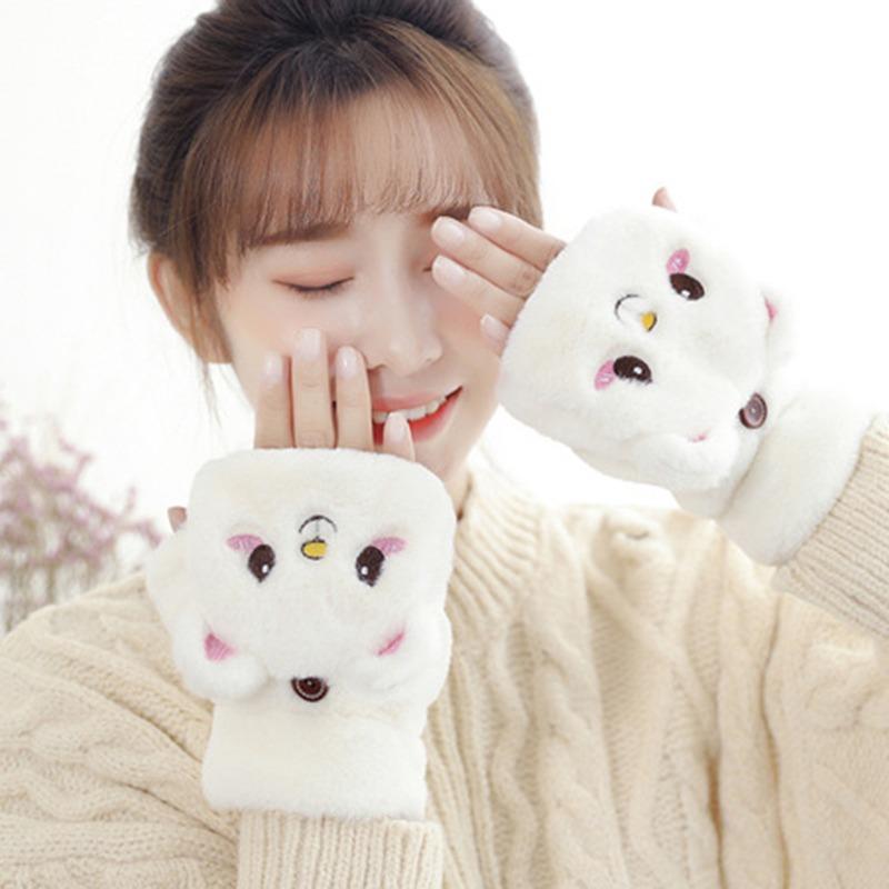Cute Rabbit Fur Knit Mittens Plush Fingerless Gloves Flip Half Finger Driving Glove Winter Soft Warm Thick Gloves for Women Girl