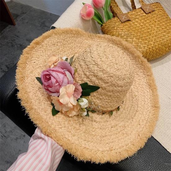 Women Straw Hat Imitation Flower Decor Wide Brim Sun Protection Hat Lightweight Quick-Drying Summer Sun Hat