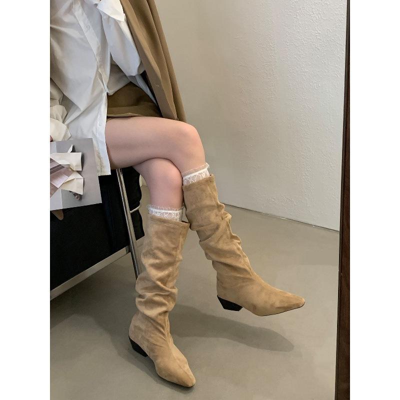 Design Pleated Woman Knee-High Boots Fashion Pointed Toe Long Booties Autumn Winter Square Heels Slim Shoes