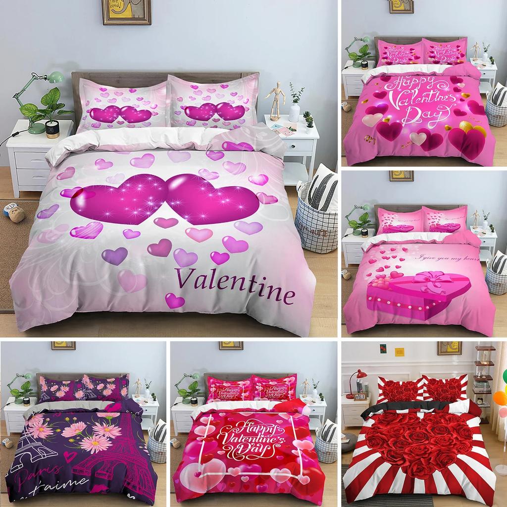3D Love Heart Valentines Gift Comfortable Duvet Quilt Cover Pillowcase Bedding Set Children Bedroom Decoration Home Textile