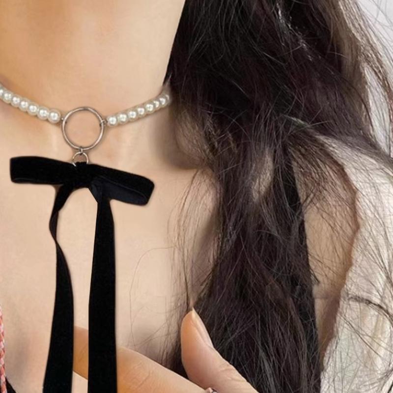 Punkowa, długa, szeroka, czarna, aksamitna wstążka choker z kokardą, imitacja pereł, koraliki, naszyjnik z gotycką biżuterią, prezenty noworoczne