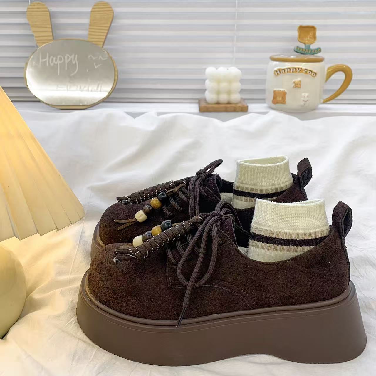 

Ретро расшитые бисером женские туфли Birkenstocks весна и осень 2025 новые лоферы на толстой подошве, на шнуровке Birkenstocks 40 темно-коричневого