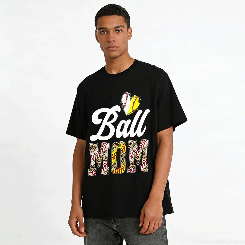 Leopard Print Baseball Softball Heart Graphic Ball Mom Casual Top Pure cotton T-shirt