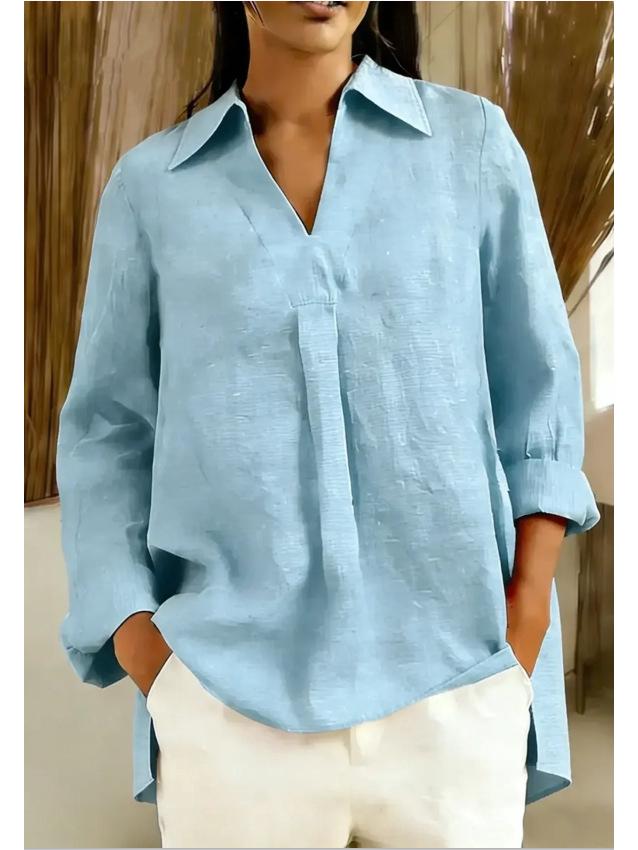 2025 European & Asian Solid Color V-Neck Lapel Long Sleeve Women's Casual Top