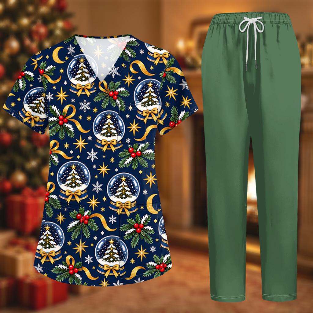 Women's Uniform Set with Short Sleeve Christmas Print Top and Pants, Two-Piece Caregiver