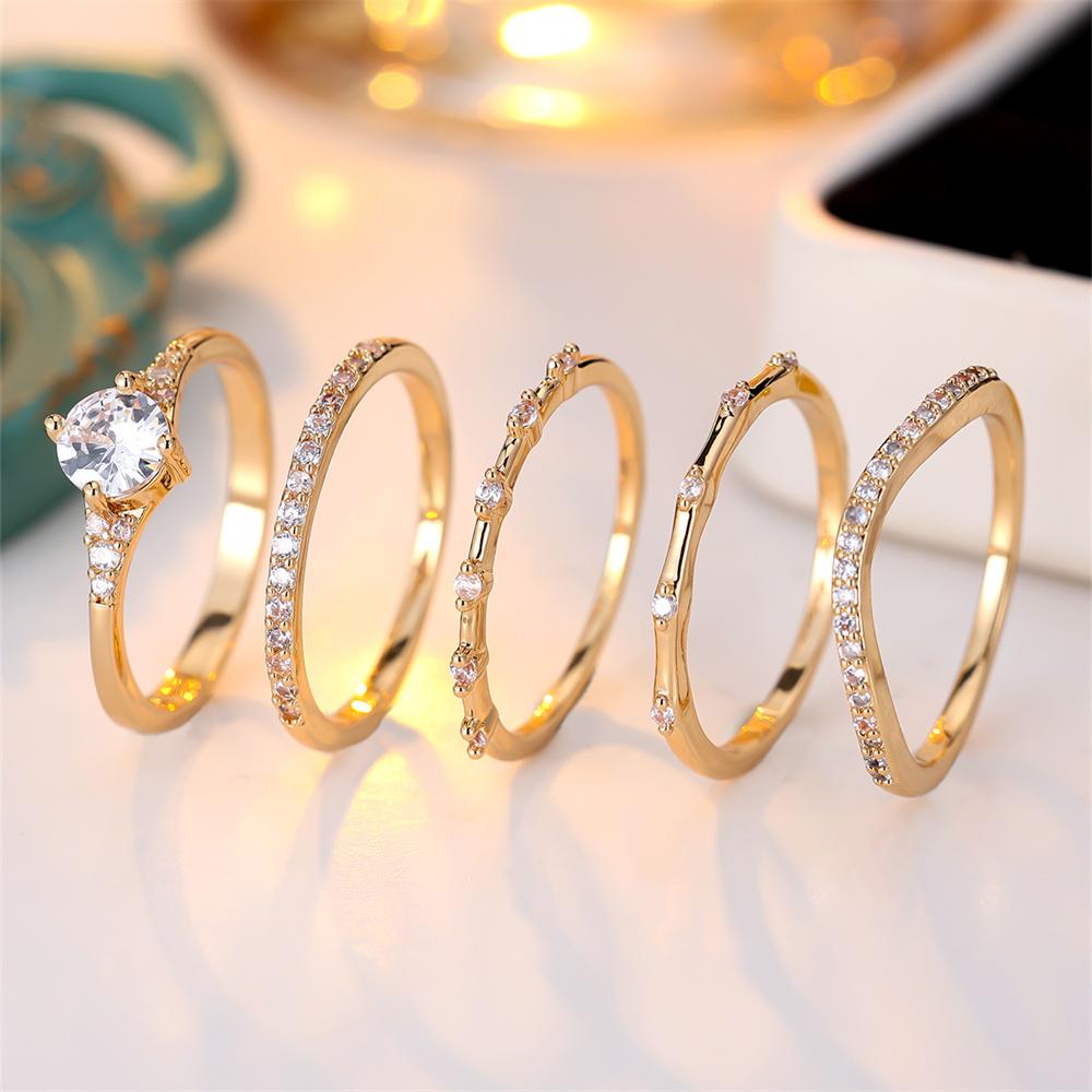 Round Stone White Zircon Engagement Ring Sets For Women 5pcs/Set Luxury Crystal Vintage Gold Color Wedding Jewelry Bridal Gifts